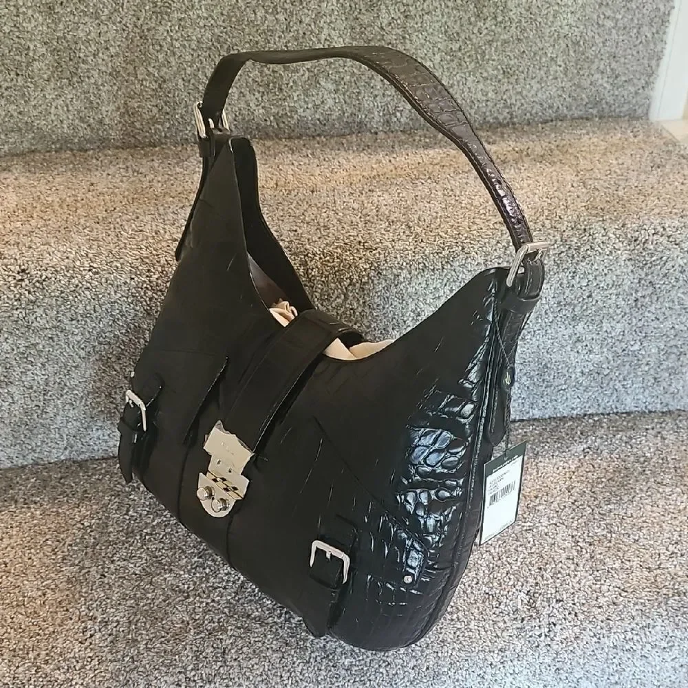 Lauren Ralph Lauren Black Croc-Embossed Leather Shoulder Bag - Picture 3 of 14